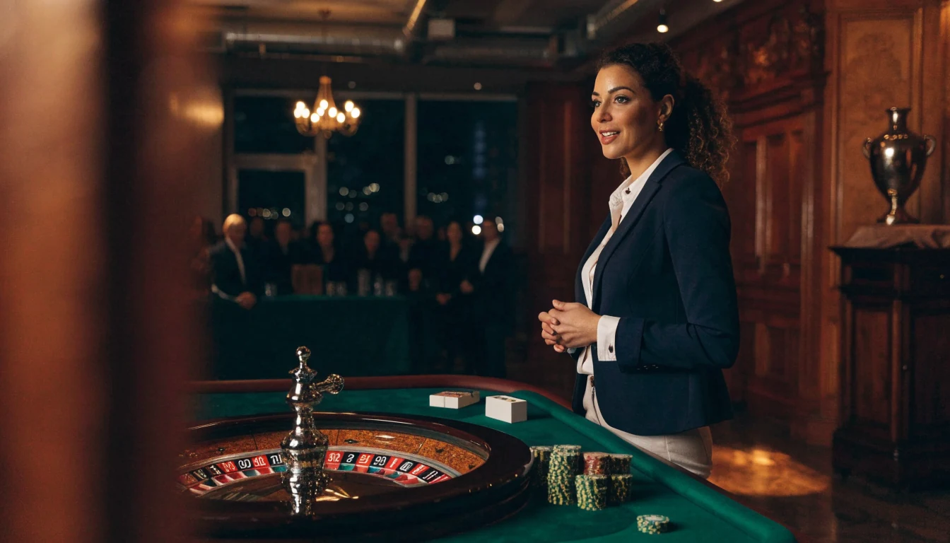English-speaking roulette dealer in a stylish UK live casino studio