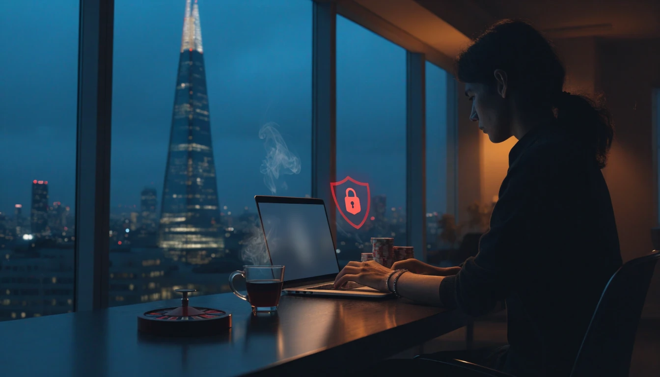Person at a London desk with laptop, VPN shield icon, roulette wheel and chips